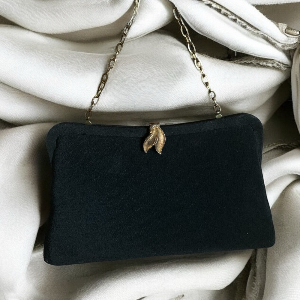 Vintage Black Fabric & Gold Evening Bag Clutch Purse Handbag Gold Latch Frame